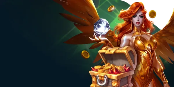 CrystalRoll 50% highroller bonus: gouden engel met schatkist en diamant